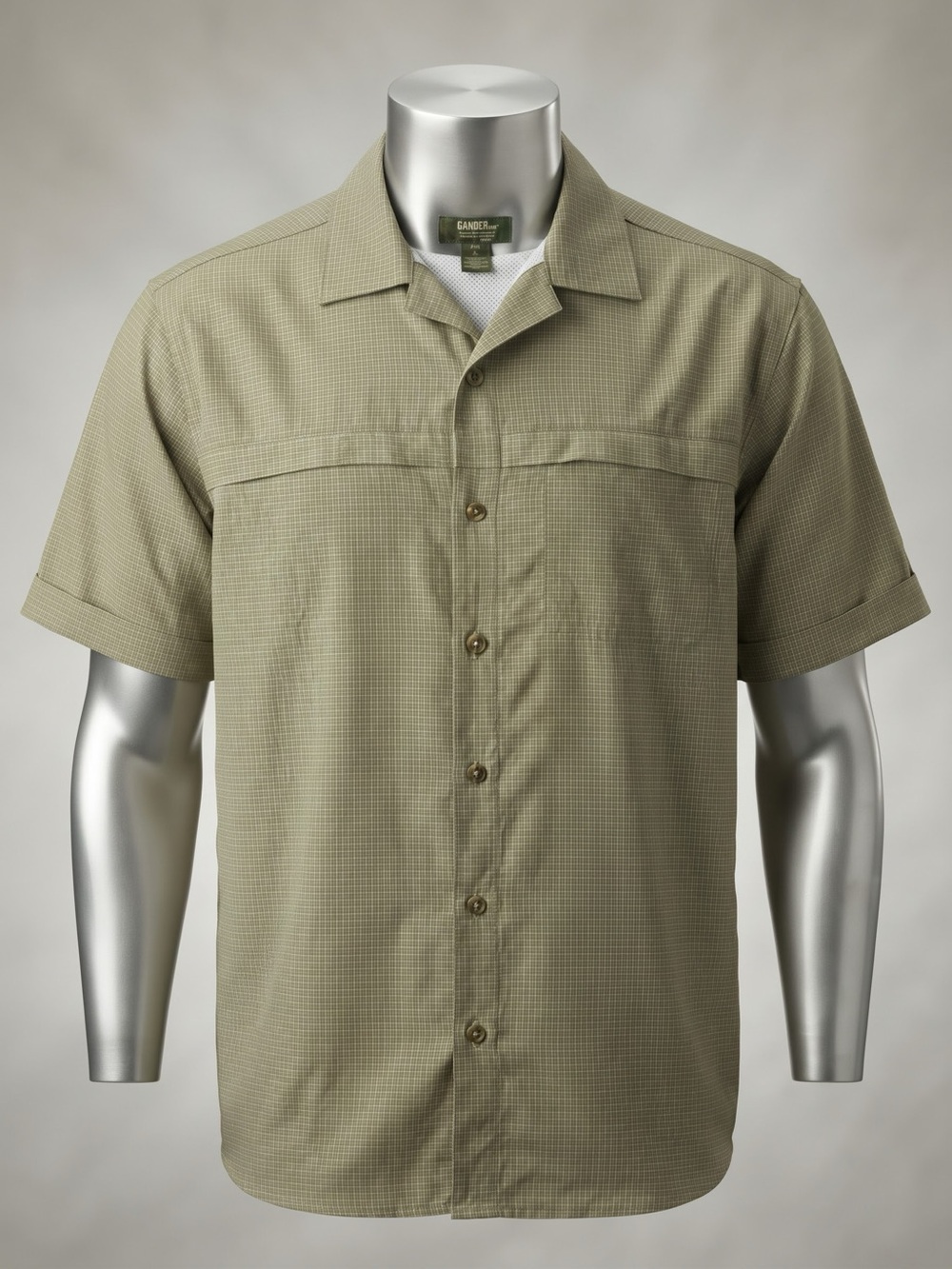 Gander Mountain Olive Green Gingham Short Sleeve Fishing Shirt | Size XL